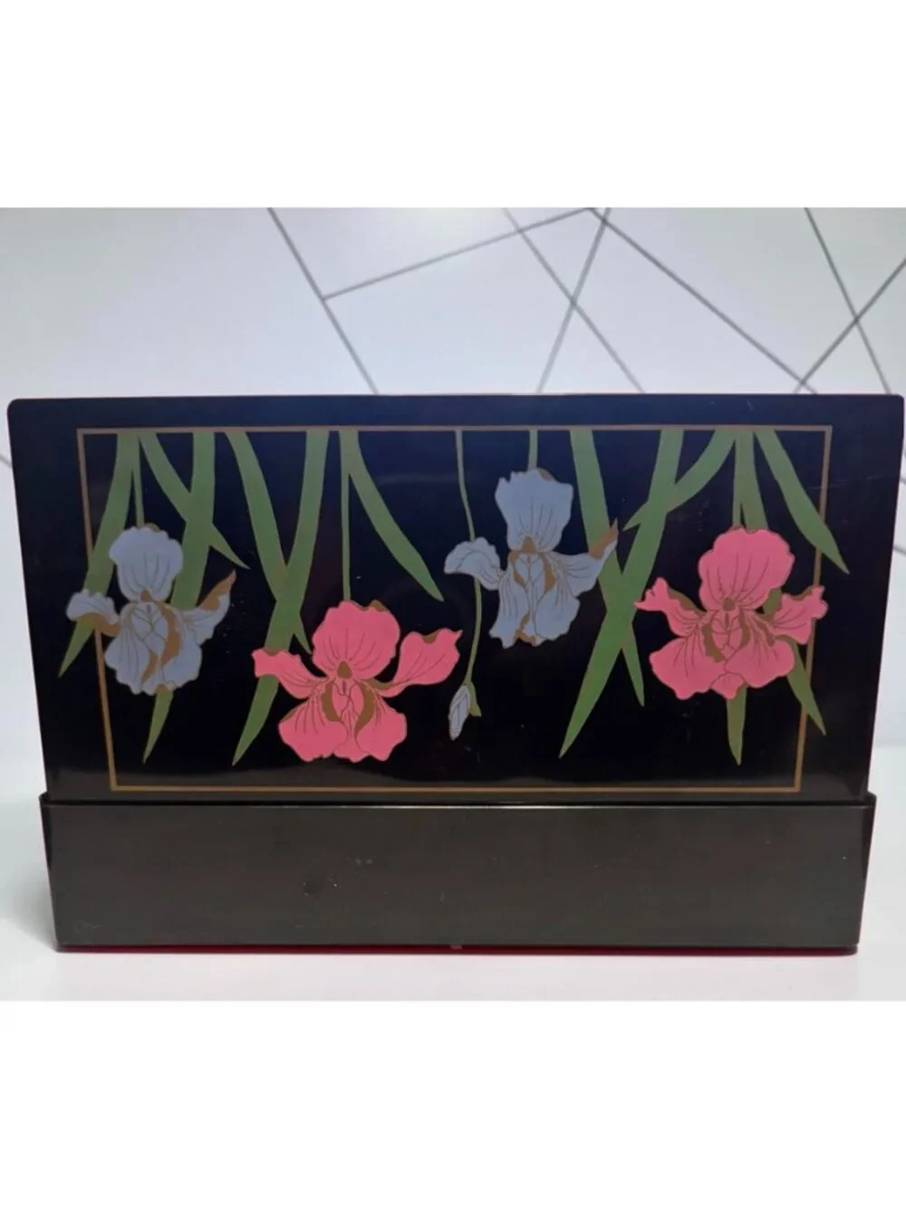 Vintage Black Faux Lacquer/Plastic Tri-Folding Mirror Jewelry or Trinket Box